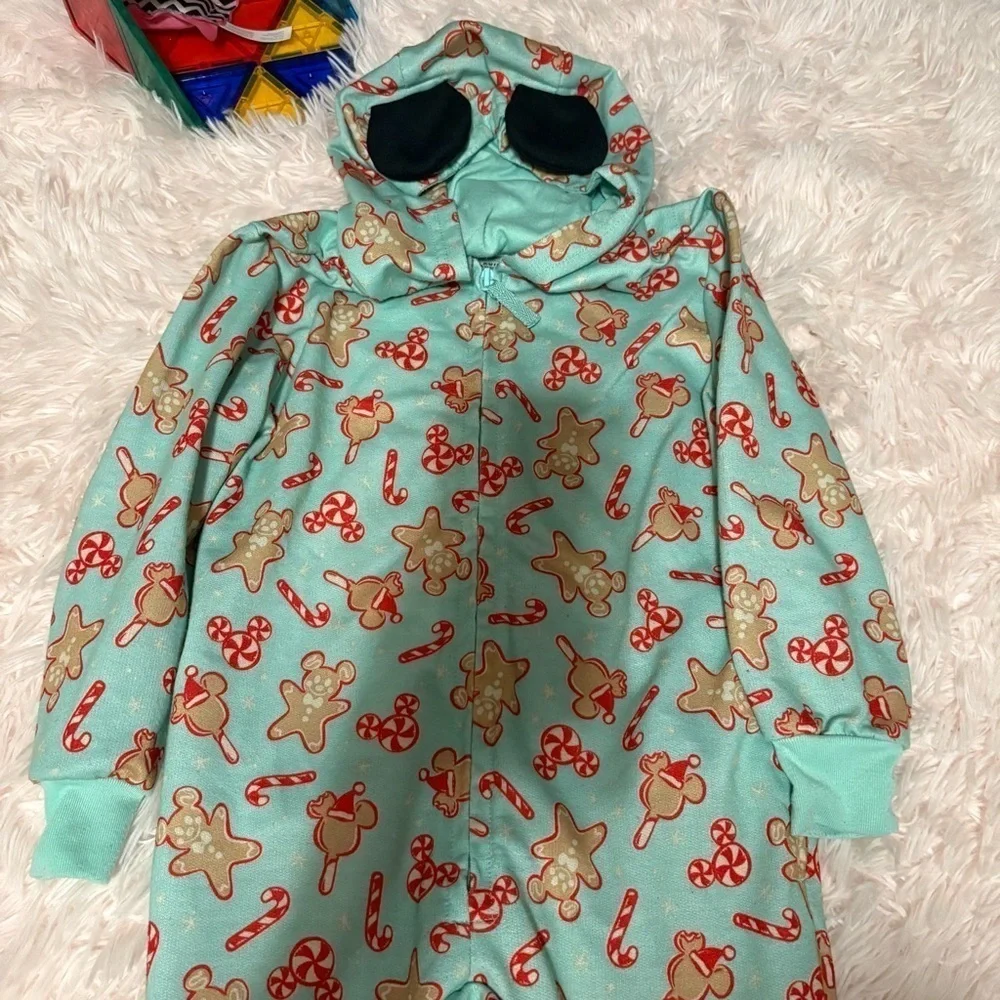 Disney Mickey Bars Mouse Holiday Gingerbread Hooded Romper Pajamas Kids 4